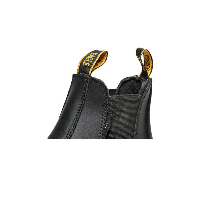 Black leather high-top safety boots with anti-piercing sole protection for workplace use