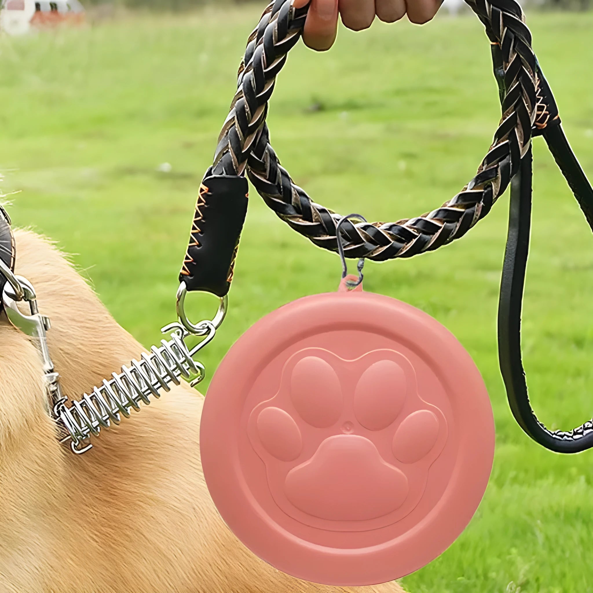 Portable dual-compartment dog bowl in light green, showing main bowl and separate snack box, suitable for outdoor use.
