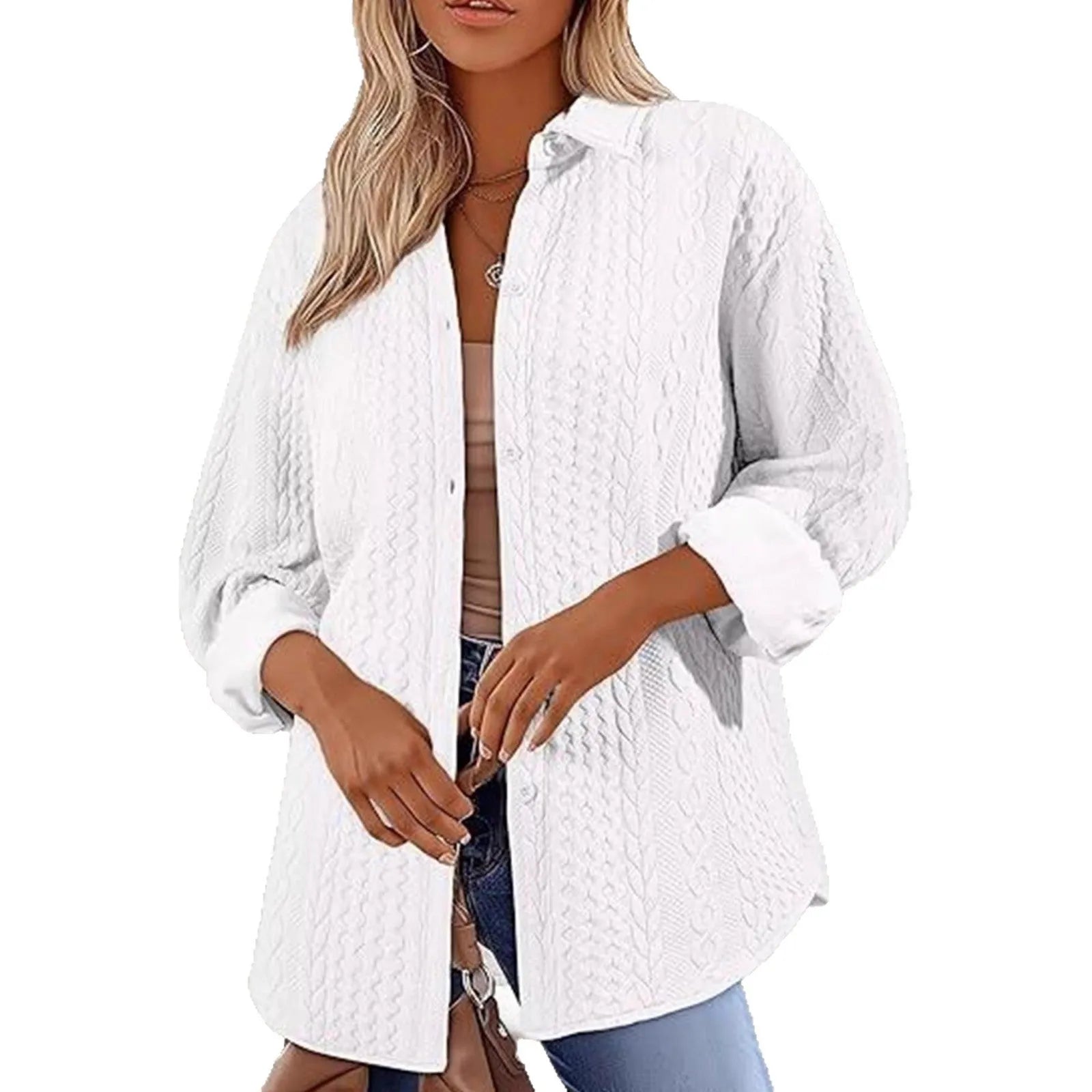 Women's solid colour long sleeve knitted cardigan sweater on a hanger