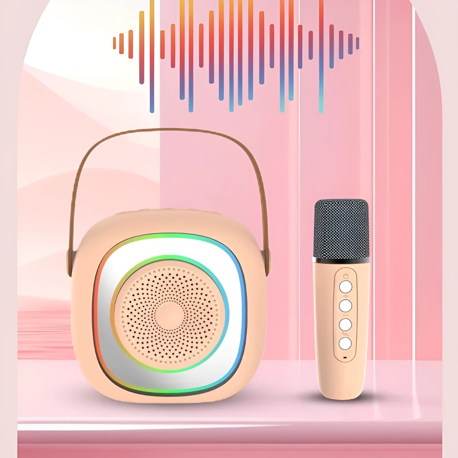 Home wireless karaoke microphone Bluetooth speaker with card insertion and lighting in black double wheat design