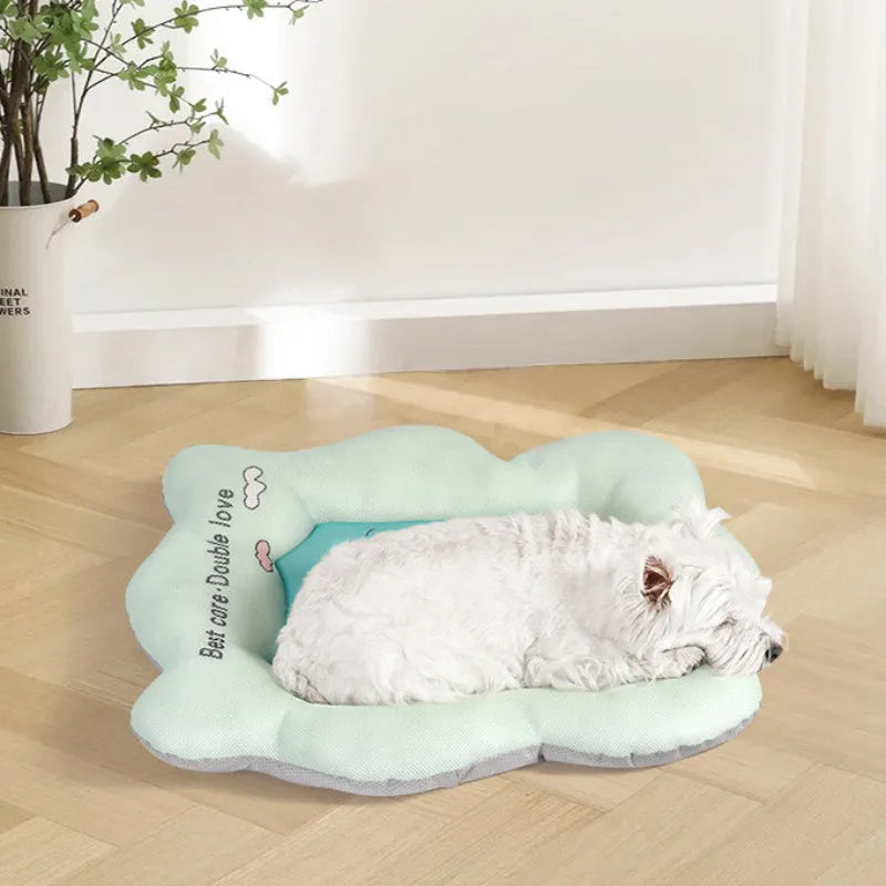 Ice silk pet cooling mat for dogs and cats with cooling gel in green colour showing four size options