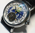 Silver 3D globe tourbillon mechanical watch with leather band and stainless steel case on white background
