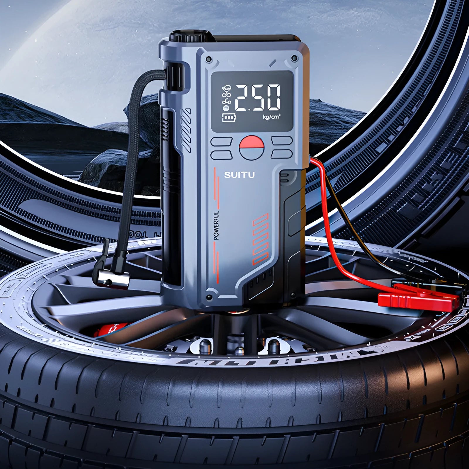 Wireless lithium battery inflatable emergency start power supply in ABS casing with battery clips and hose