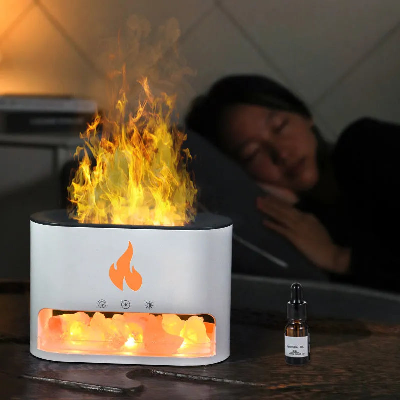 New Flame Humidifier with 3D simulation flame, crystal salt stone, colourful night light, USB powered, white shell