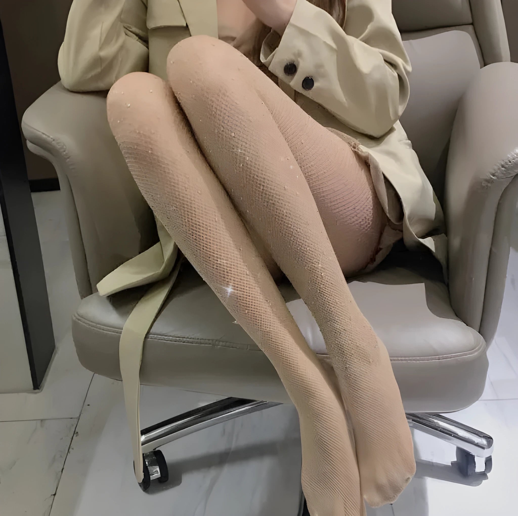 Diamond pattern mesh fishnet stockings in skin colour on a leg.