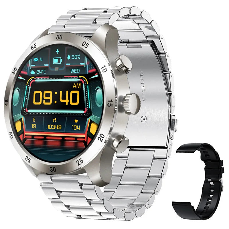Black Bluetooth smartwatch with steel strap showing call interface and health metrics on screen.