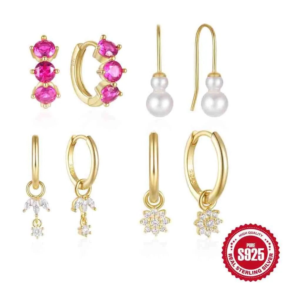 S925 sterling silver women's earrings with geometric sunflower design and golden-three diamonds zircon stones.