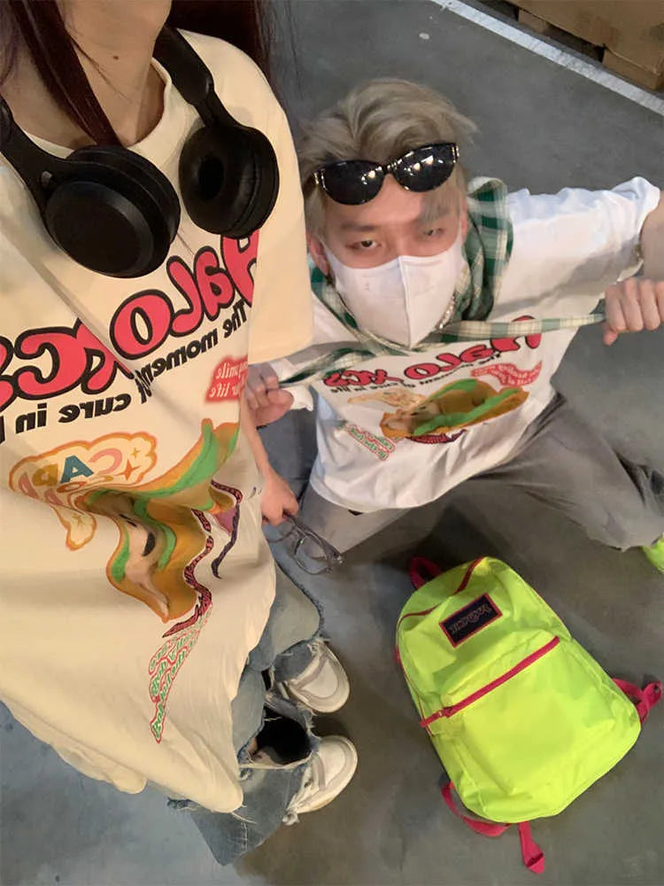 Cartoon hamburger dog printed couple's T-shirts in white, apricot and sky blue colours