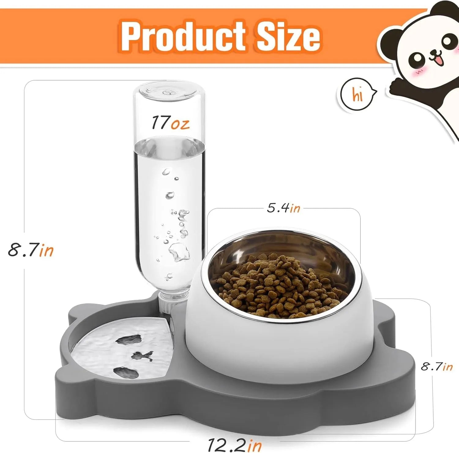 Grey panda-shaped elevated pet bowl set with automatic water dispenser and tilted stainless steel food bowl