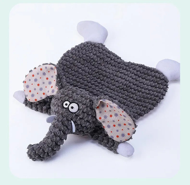 Brown velvet stuffed fox elephant pet toy with squeaky paper sound maker for cats and dogs.