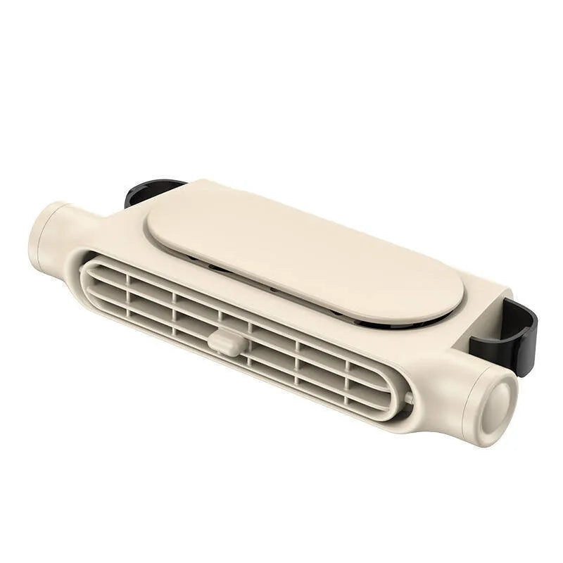 USB-powered car fan with Velcro strap, no-leaf blades, and brushless motor in beige colour on a car seat headrest.