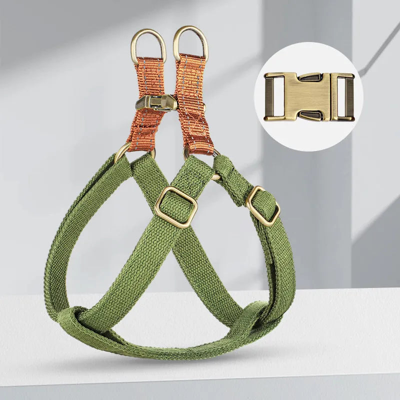 Brown vest-style anti-loss dog leash with cotton belt and nylon construction showing alloy fastener