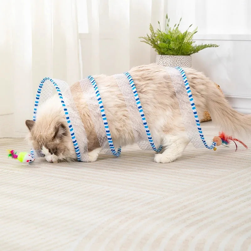 Blue and yellow cat toy set with fabric tunnel and long pole teasing stick with feather attachment
