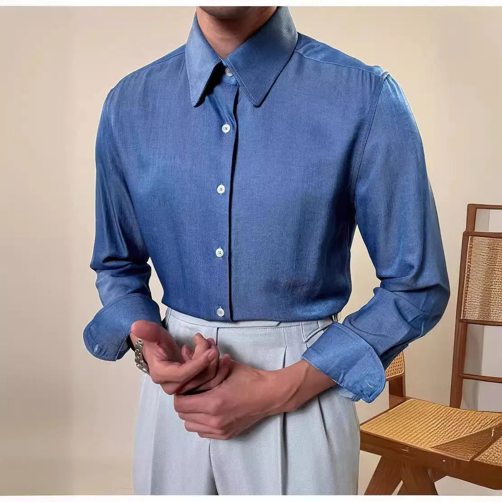 Men's slim fit long sleeve shirt in blue with round collar on hanger