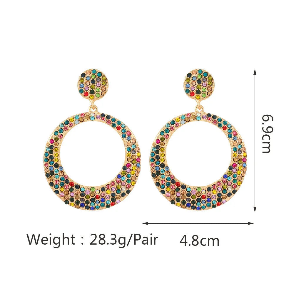 Alloy earrings with cartoon-style large pendant and round colour diamond design