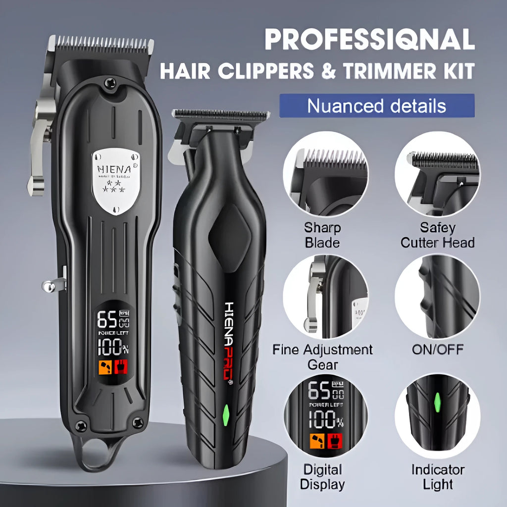 Professional hair clipper set black with LCD display, carbon steel blade, and foil shaver on black background