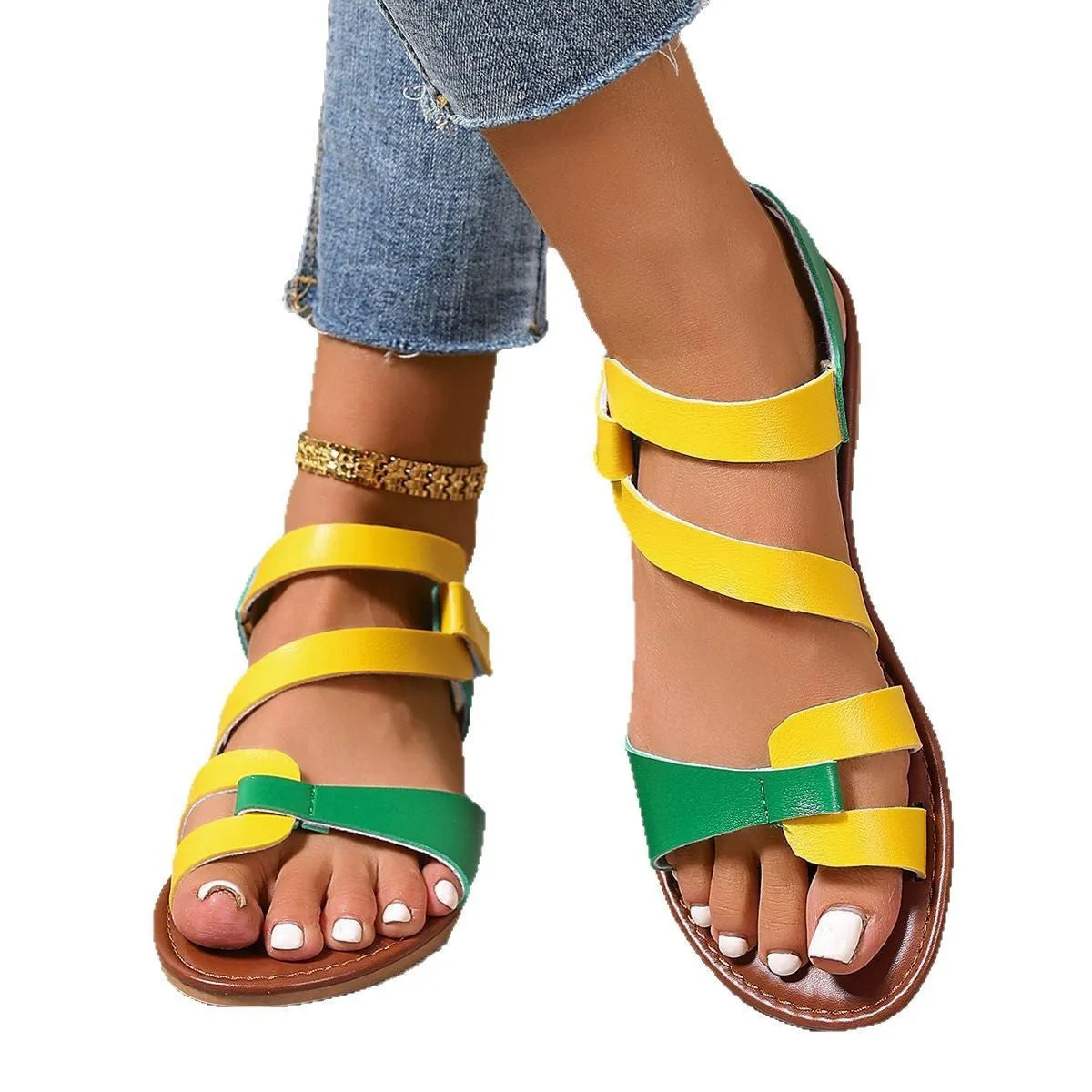 Women's flat sandals with Velcro closure in PU material with round toe and rubber sole
