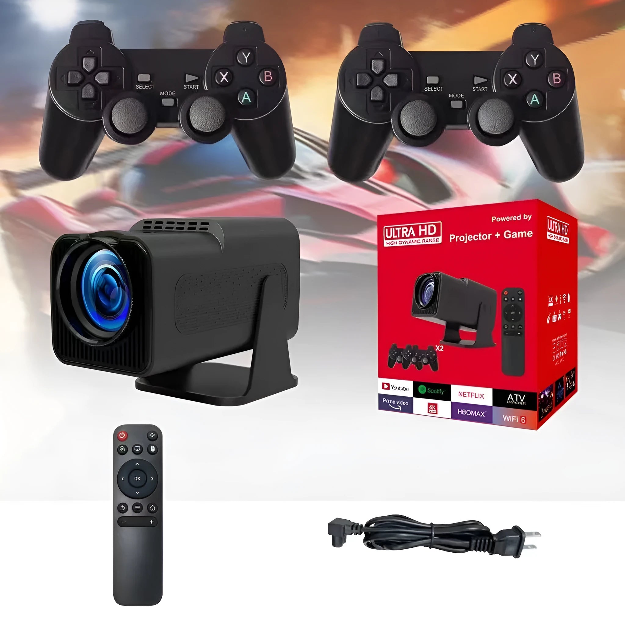 White HD wireless projector with handle showing 720p resolution capability and multi-standard power support for home gaming