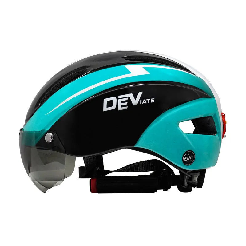 Adult bicycle helmet with goggles and taillight in blue, white, and black colour scheme