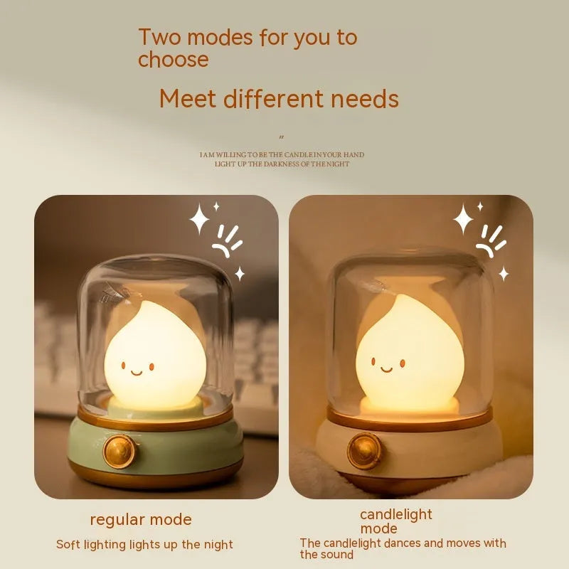 Retro USB rechargeable LED night lamp in green, compact 100x108x124mm, with dimmable knob and candlelight mode