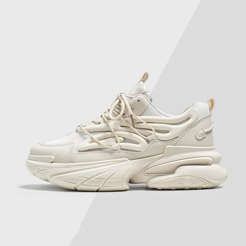 Men's breathable mesh lace-up sneaker in beige and black with rubber sole and platform heel