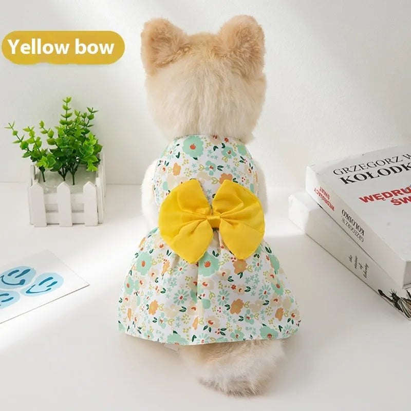 Ultra-thin polyester pet dress with floral butterfly knot design in multiple colour bow options