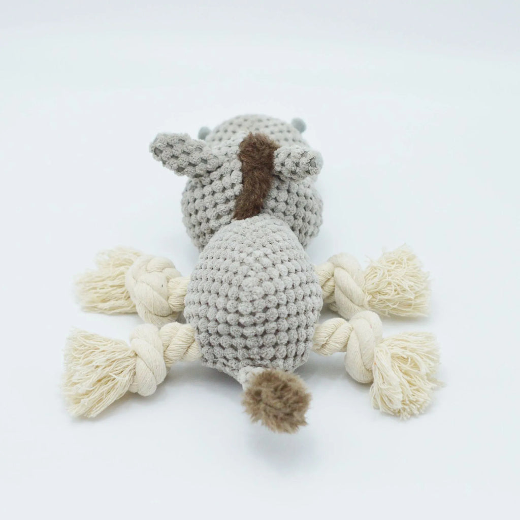 Gray donkey cloth velvet dog toy with creak sound on white background, measuring 27x20x9.5cm