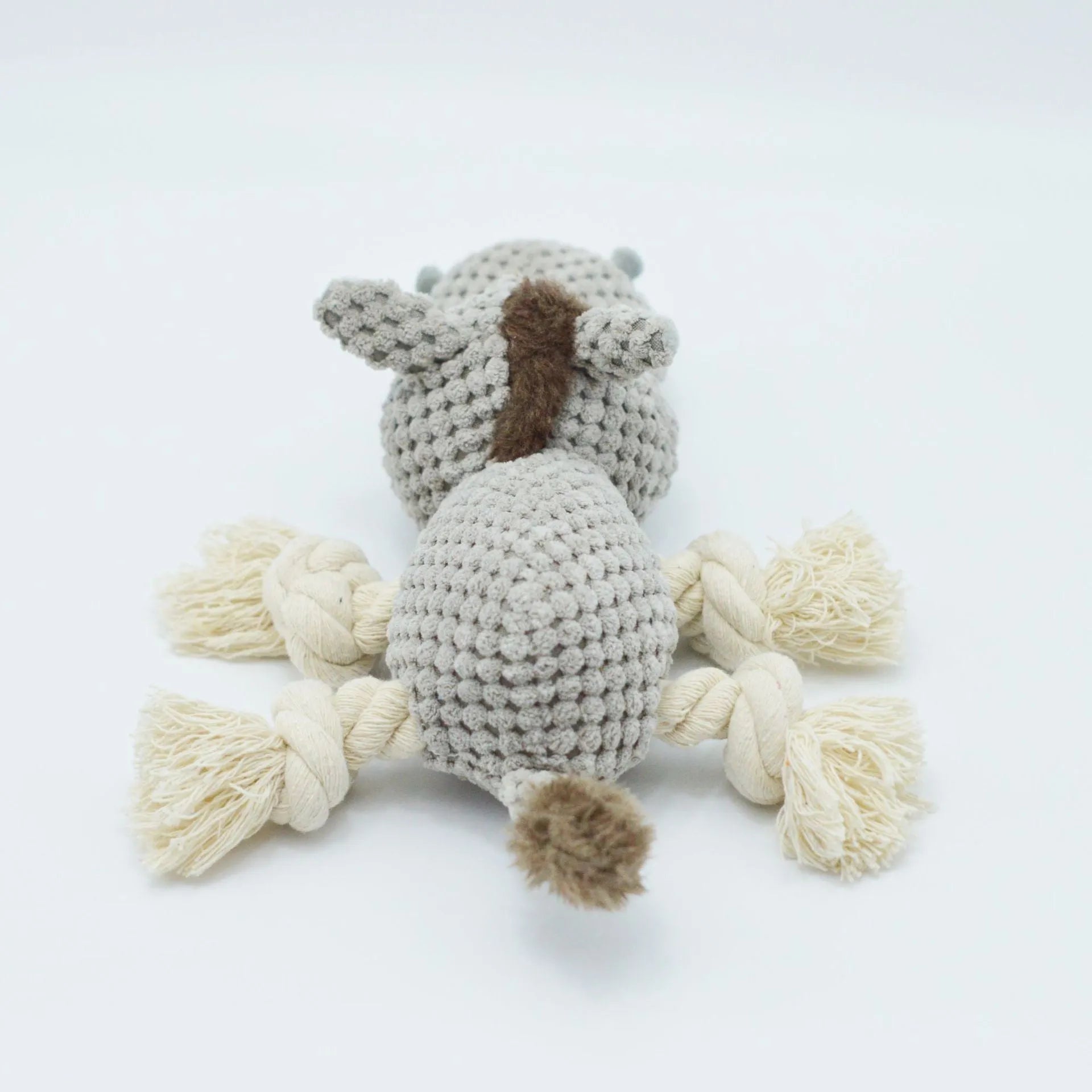 Gray donkey cloth velvet dog toy with creak sound on white background, measuring 27x20x9.5cm