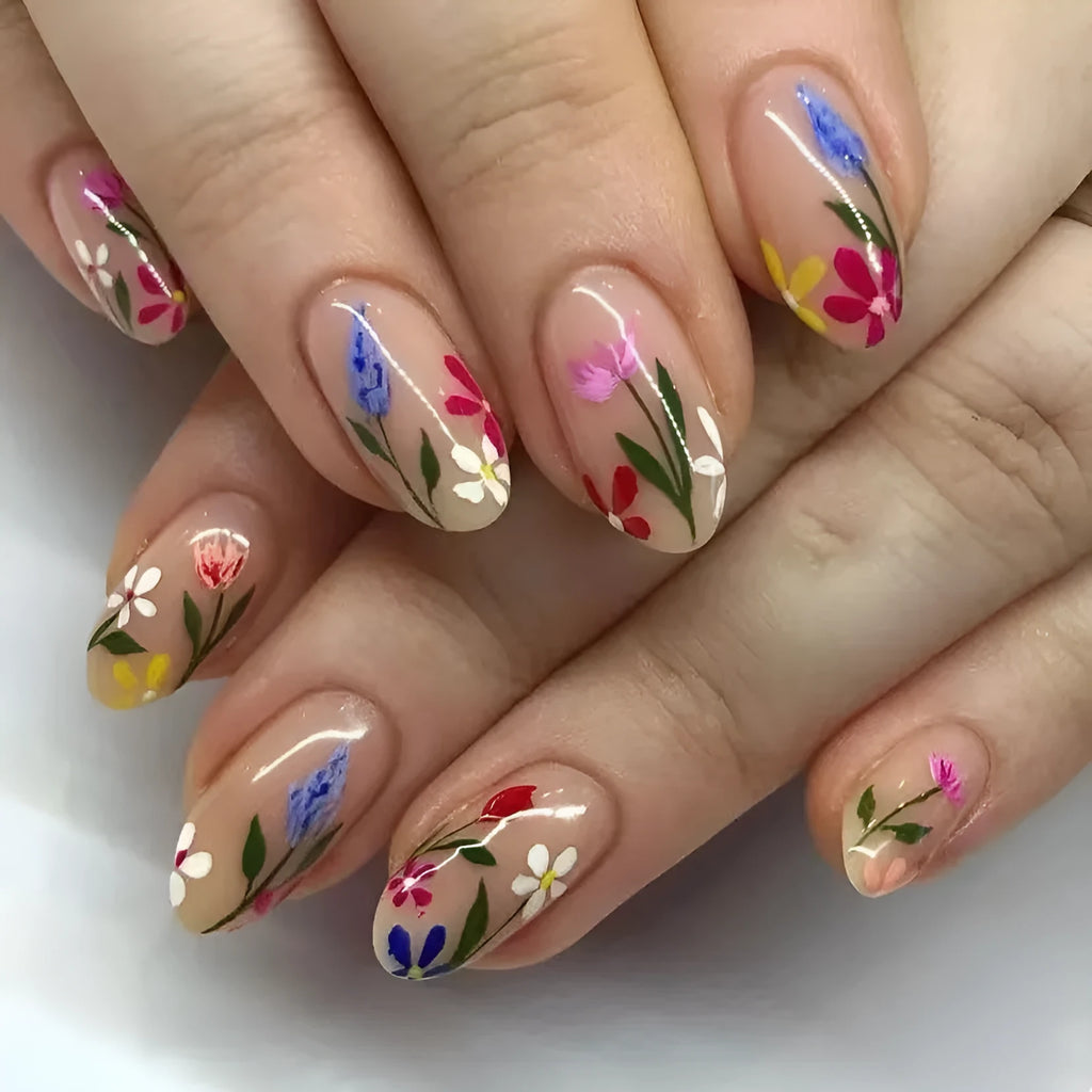 Almond-shaped removable wearable nail art set with rose and tulip flower patterns in solid colour