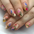 Almond-shaped removable wearable nail art set with rose and tulip flower patterns in solid colour