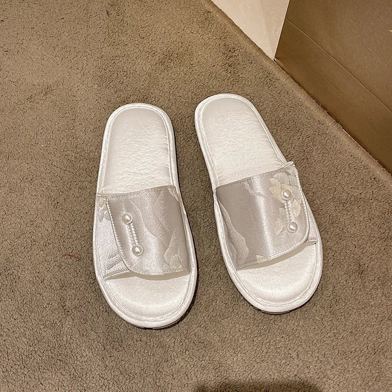 Casual soft bottom non-slip flat sandals with TPR sole, breathable spliced upper, available in blue pink and white colours