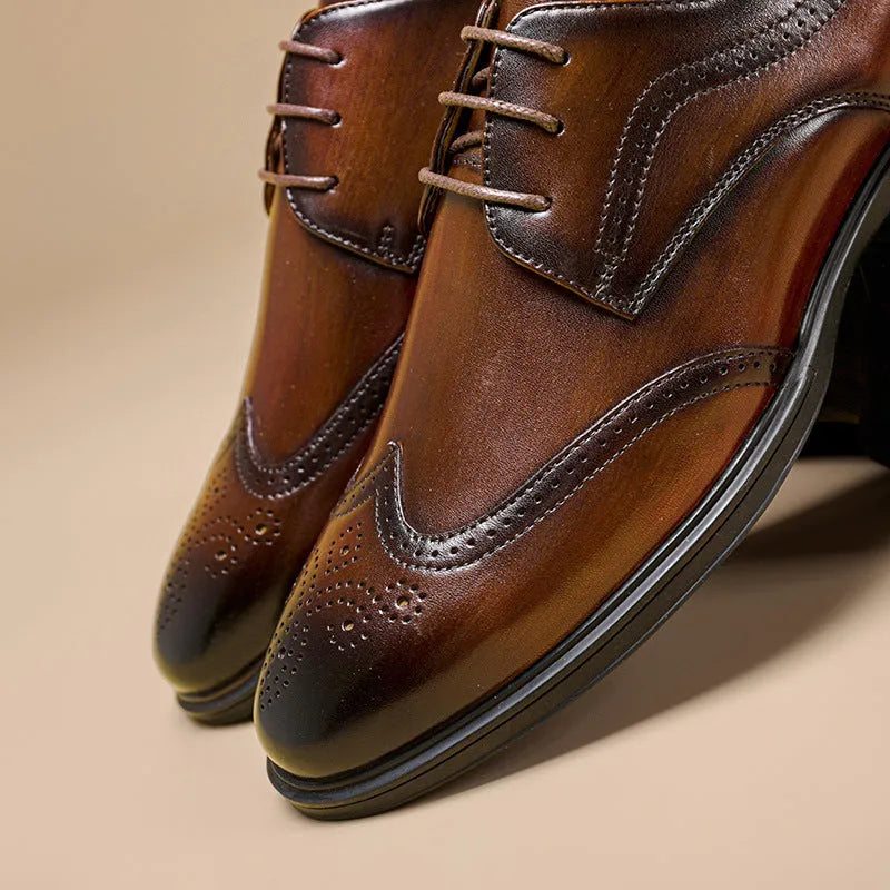 Men's leather oxford brogue shoes round toe low upper black brown