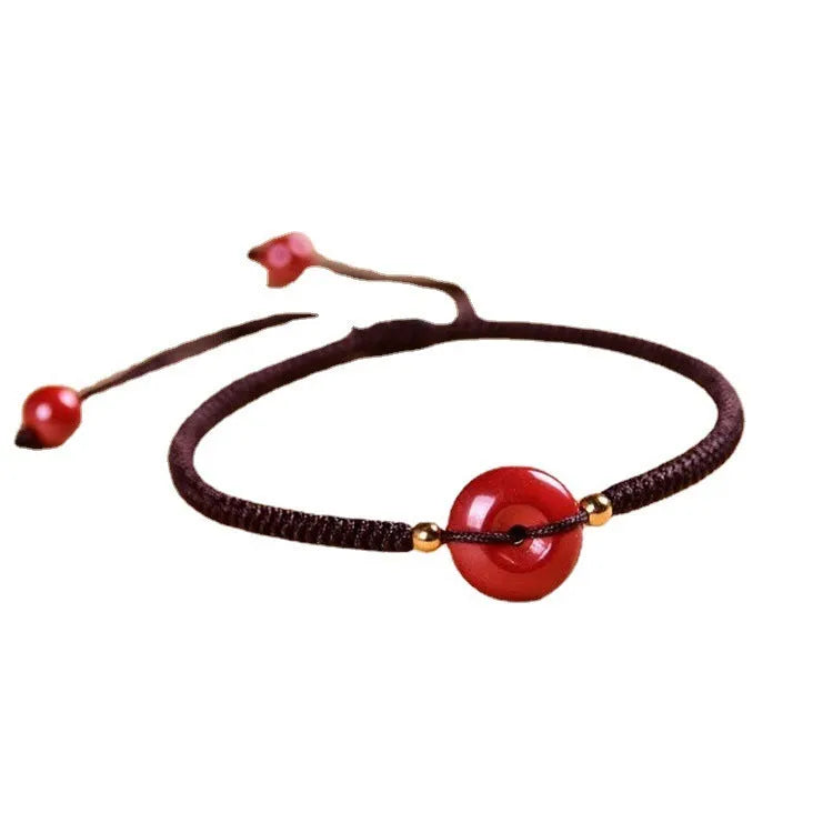 Cinnabar safety buckle bracelet with heart-shaped natural stone and adjustable rope in simple style coffee colour