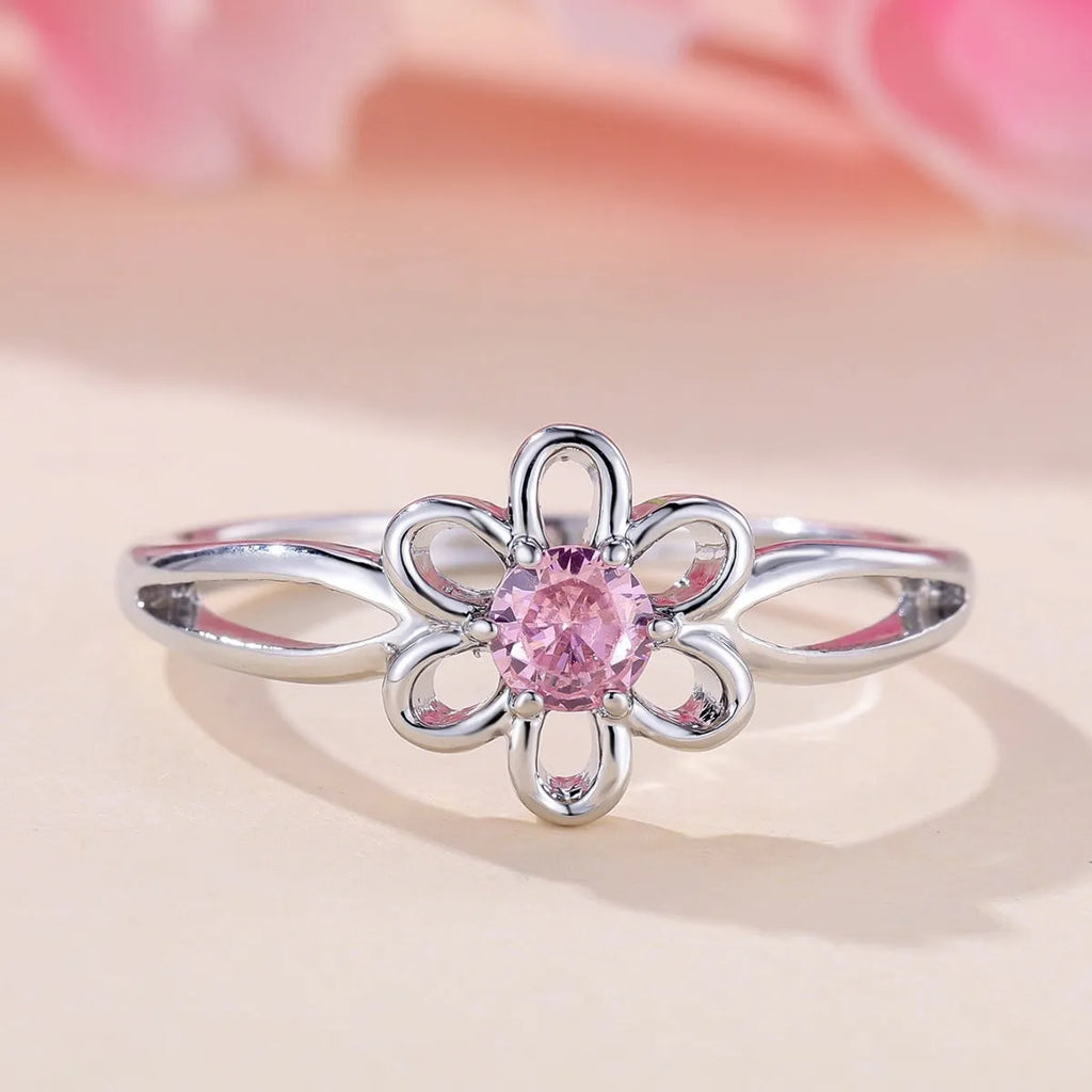 Lady's flower hollowed fashion simple copper ring with electroplating finish in platinum pink diamond colour