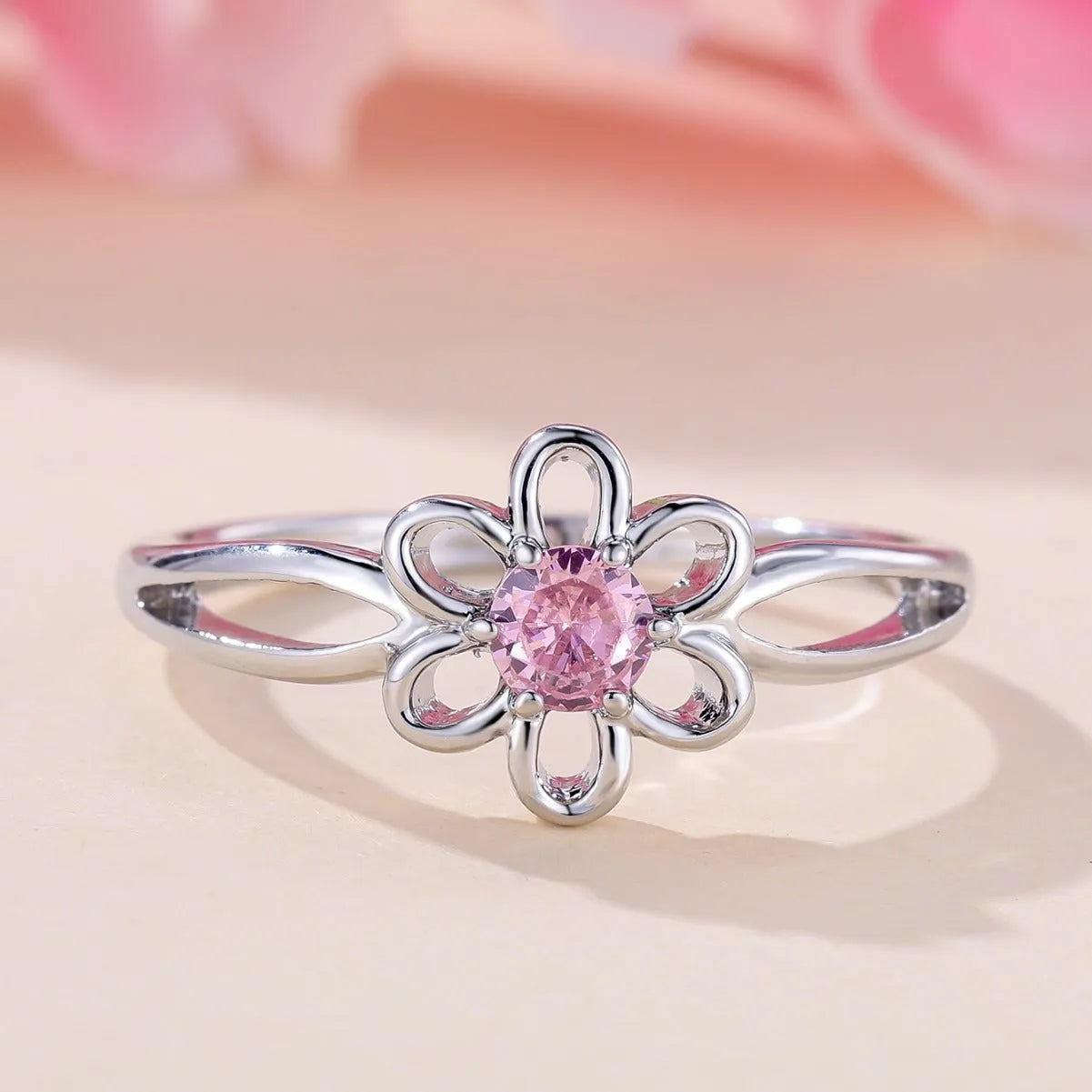 Lady's flower hollowed fashion simple copper ring with electroplating finish in platinum pink diamond colour