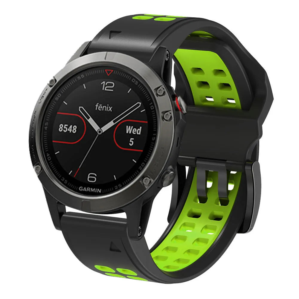 Quick release two-colour silicone watch strap with pin buckle, shown in multiple colour options.
