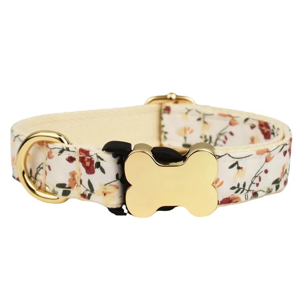 Flat woven nylon dog collar with printed grid pattern and bone-shaped buckle in multiple colour options