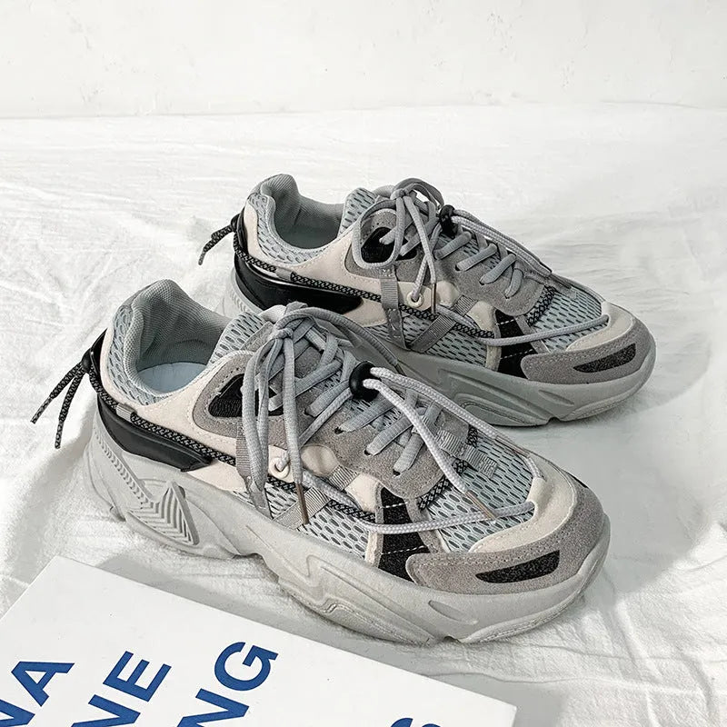 Men's black Korean style platform sports shoes with lace-up front and mesh lining.