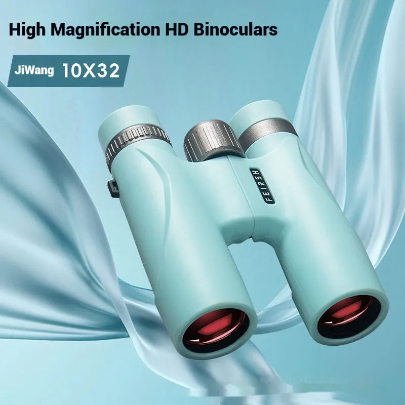 10x32 magnification binoculars with wine red film coating in compact plastic housing