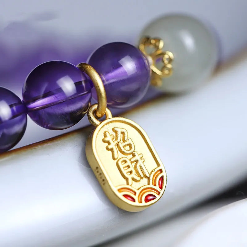 Amethyst crystal bracelet with 8mm beads in geometric national style design for women