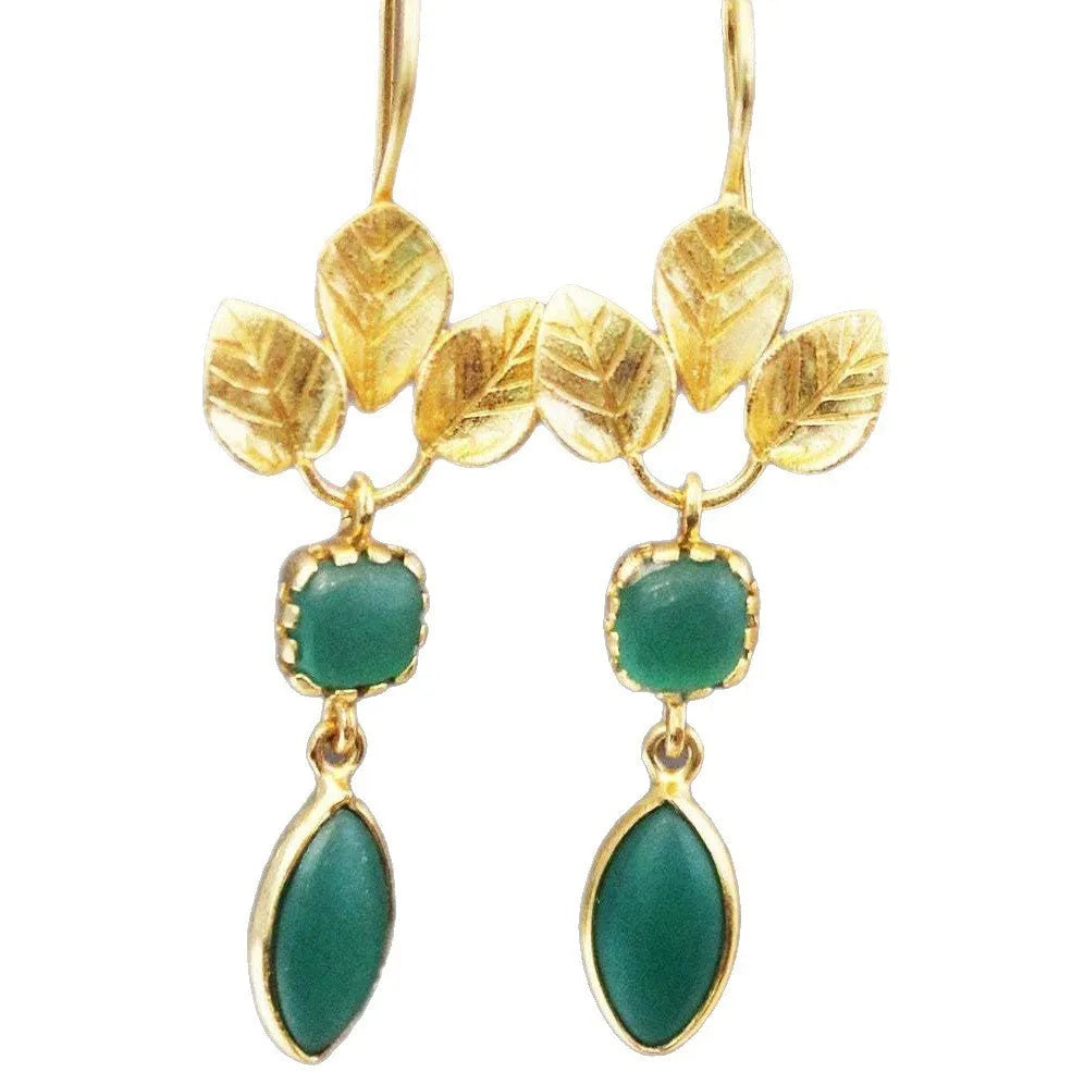 Gold drop earrings with French leaves tassel design and water drop zircon accents in retro style