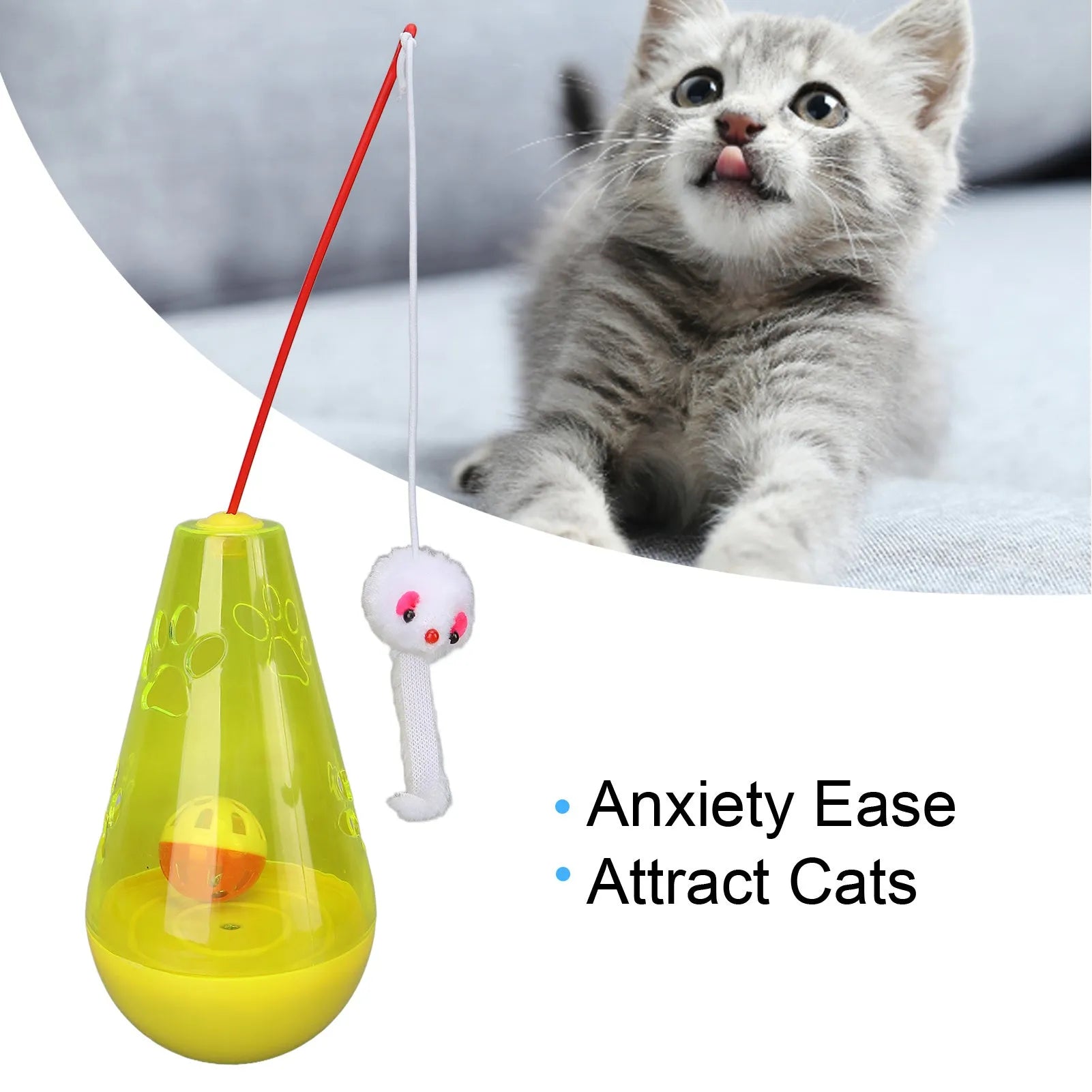 Cat toy with built-in bell ball and plush mouse stick on floor, blue colour, 30cm height