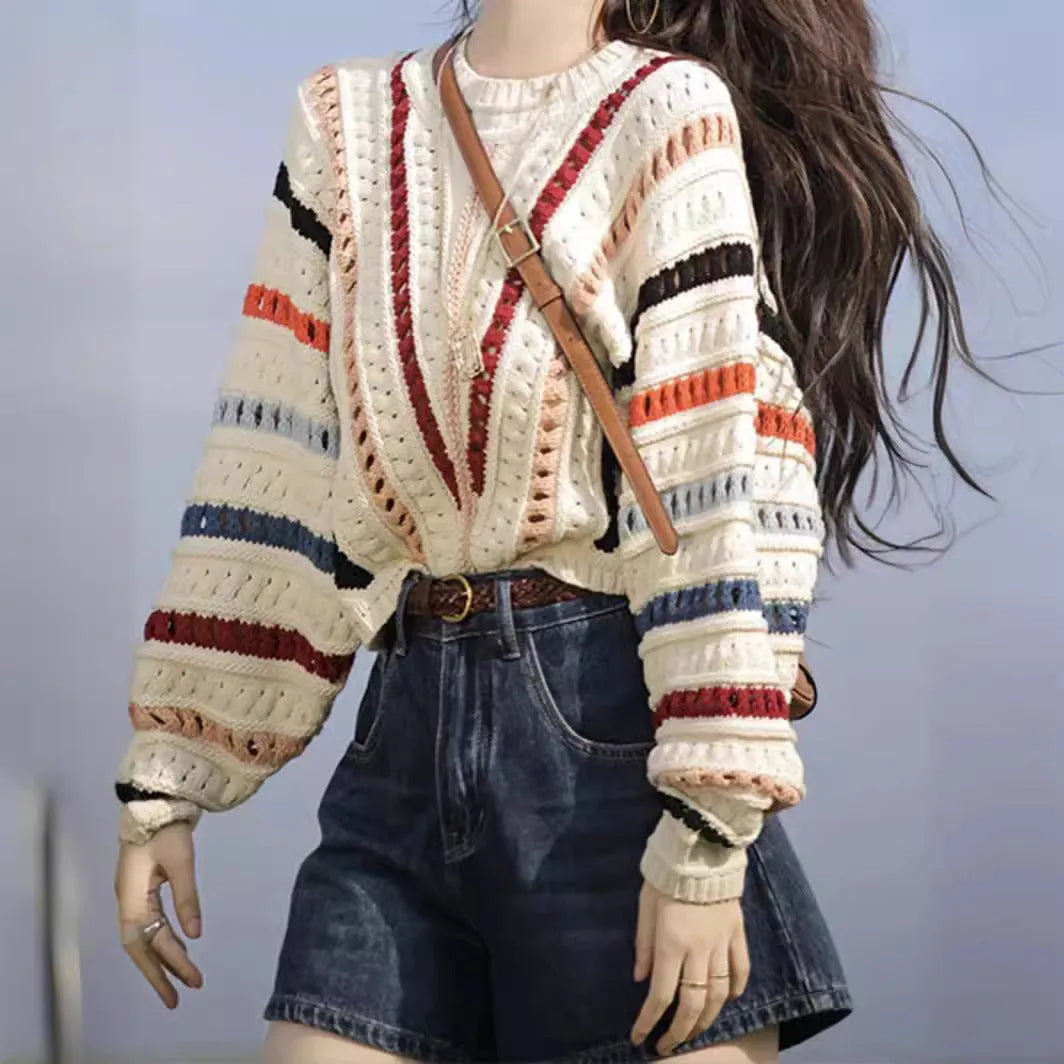 Rainbow striped batwing sleeve sweater with loose fit and round neck design