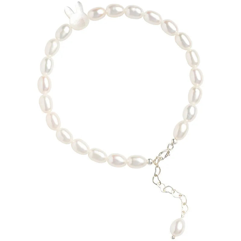 White shell rice-shaped bead pearl elastic rabbit bracelet handmade 925 silver 16cm Korean style women's jewellery