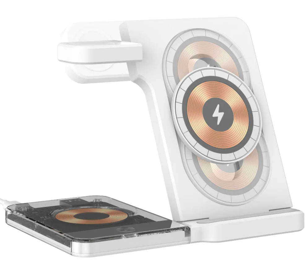 Black foldable magnetic three-in-one wireless charging stand with phone, watch, and earbuds on a desk