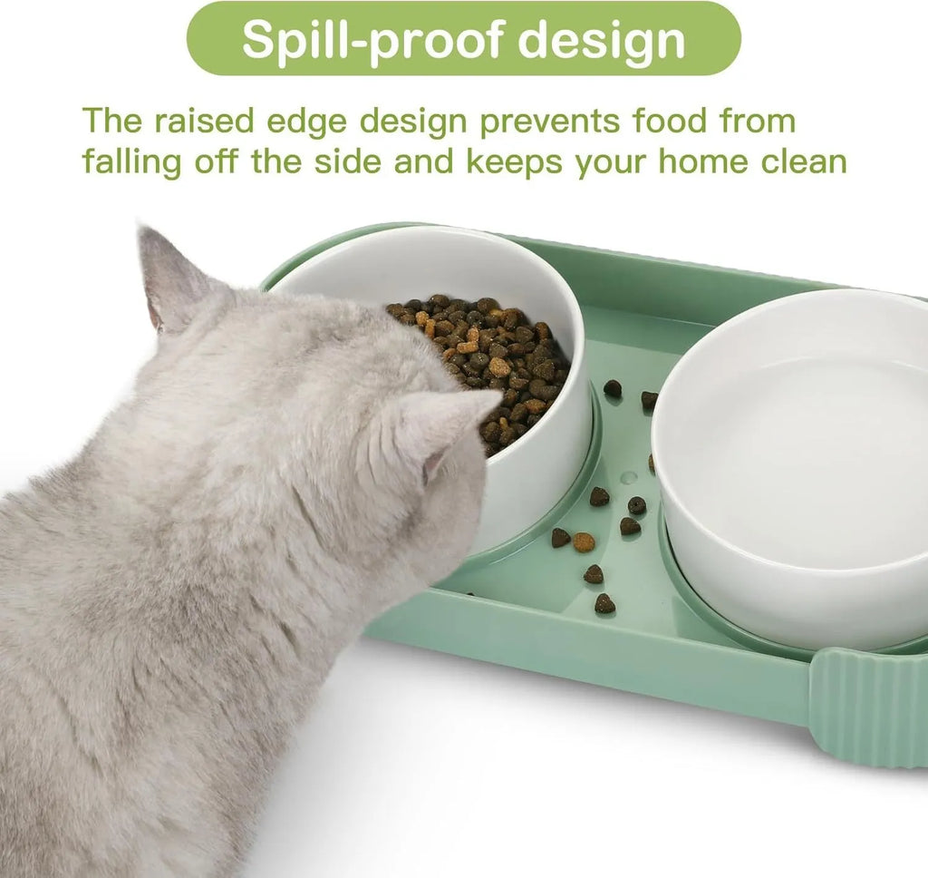 Green and white ceramic elevated cat bowl set with tilted stand and two bowls for food and water.