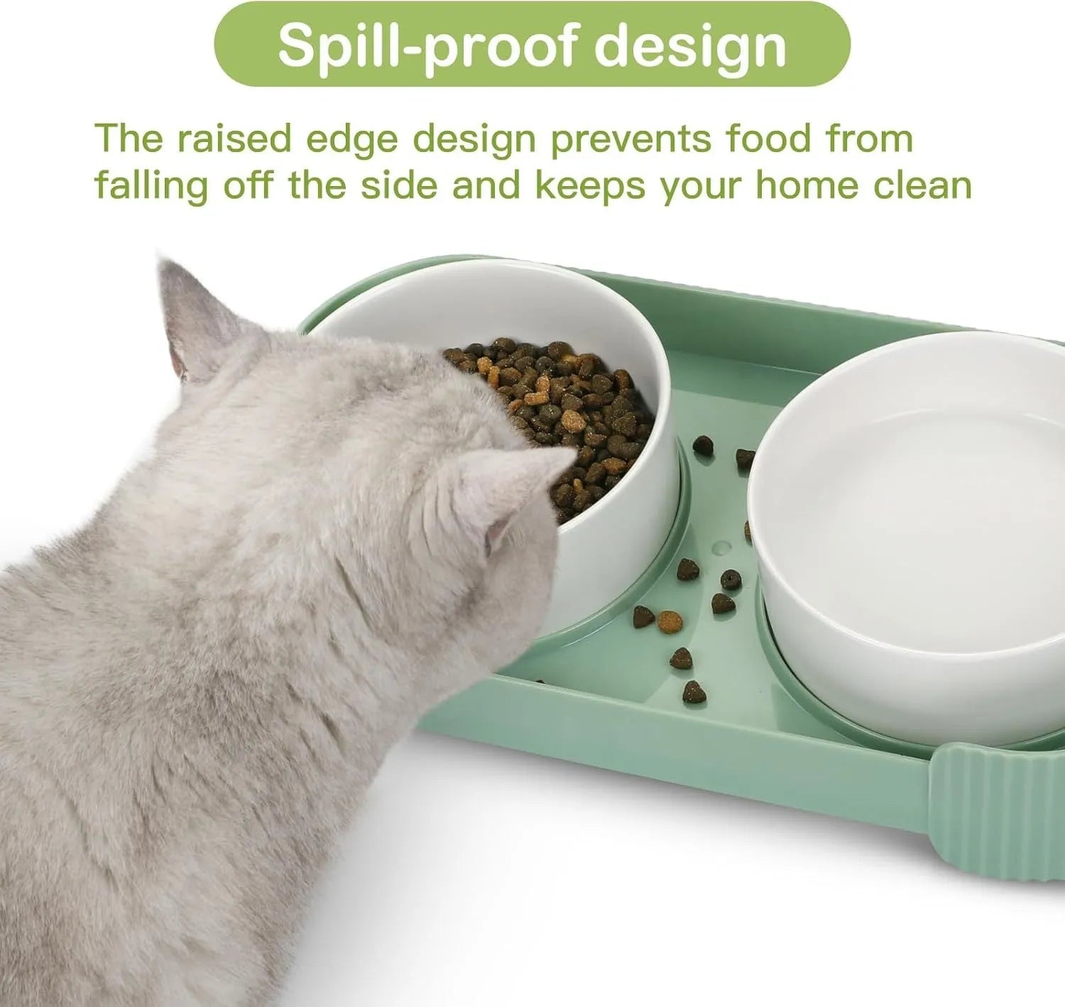 Green and white ceramic elevated cat bowl set with tilted stand and two bowls for food and water.