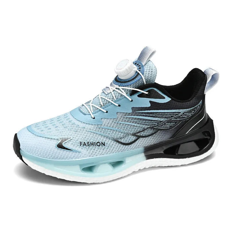Low-top youth sneaker with a rotating button closure on a rubber sole, shown in light blue mesh.