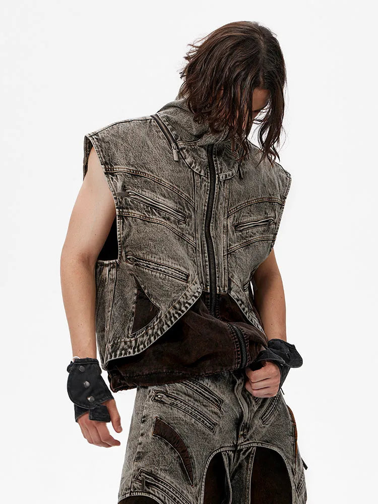 Men's spliced denim vest jacket with front zipper and sleeveless summer design