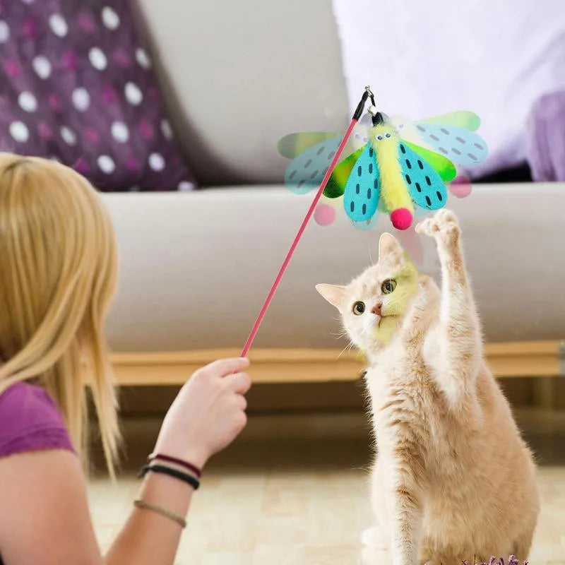 Cat wand toy with 49cm ABS stick, colourful dragonfly lure, and small bell for indoor cat interactive play